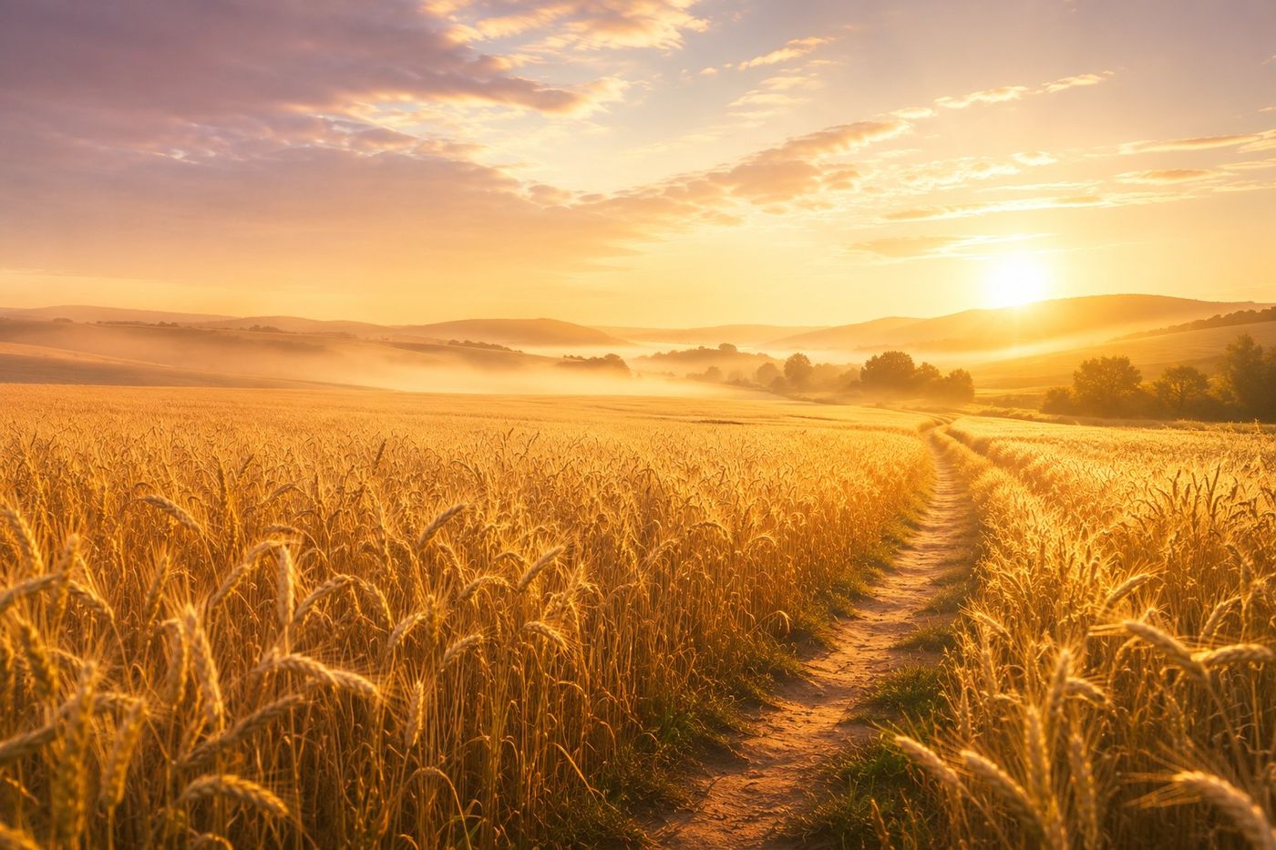 A dirt path winding through a golden wheat field at sunrise, hills and soft light on the horizon