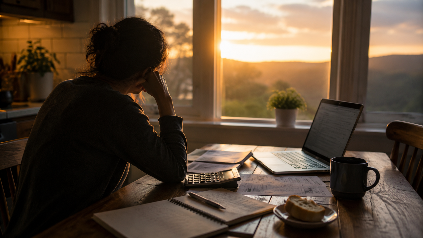 A woman sitting at a kitchen table with bills, a calculator, and a laptop as warm morning light enters through the window.